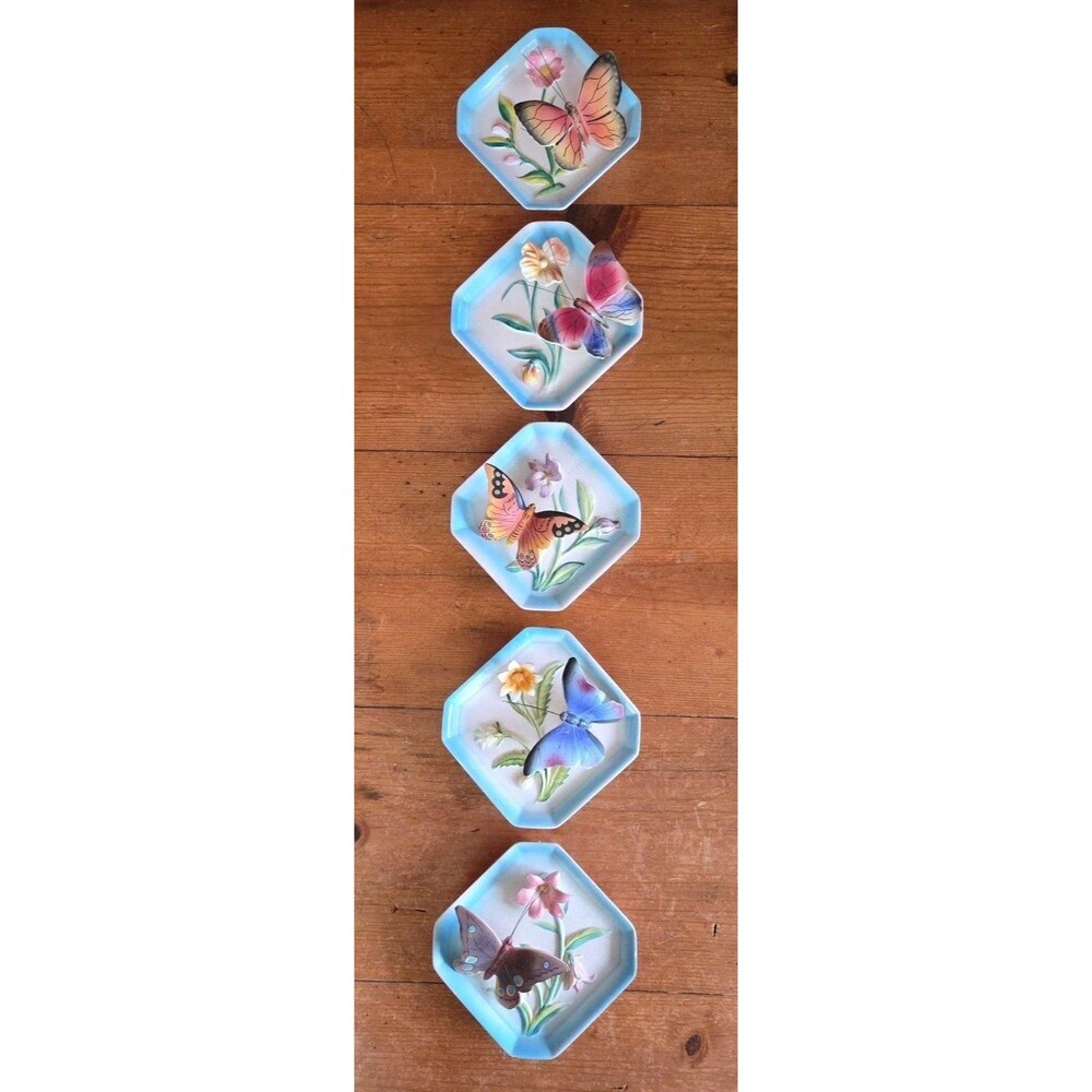 Napco Vtg 5 Porcelain Hand Painted Butterfly Trinket Dish Wall Hangers Japan